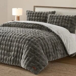 FRYE 3 Piece Faux Fur Comforter Set King Gray Bubble Bedding Reversible 1796288